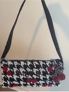 Beaded Black Houndstooth Cherry Shoulder Bag